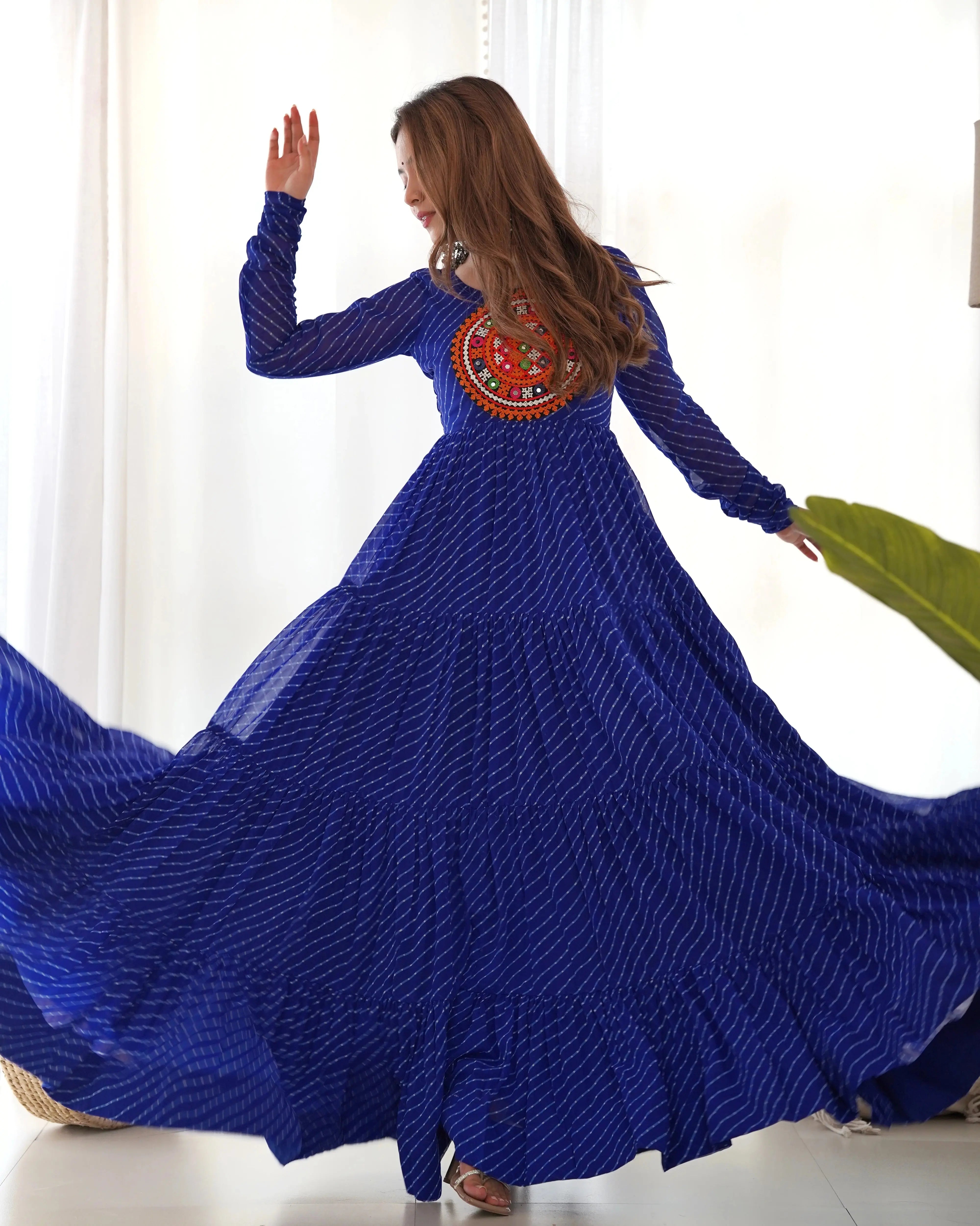 Blue Gamthi With Laheriya Print Fox Georgette Gown – Kalyanja